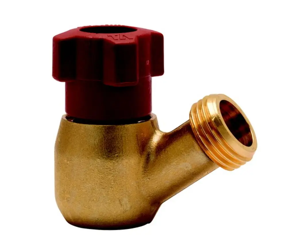 Drehverschluss mit rotem Kopf und goldenem Anschluss, geeignet für die Nutzung mit Produkten von IMI Hydronic Engineering.